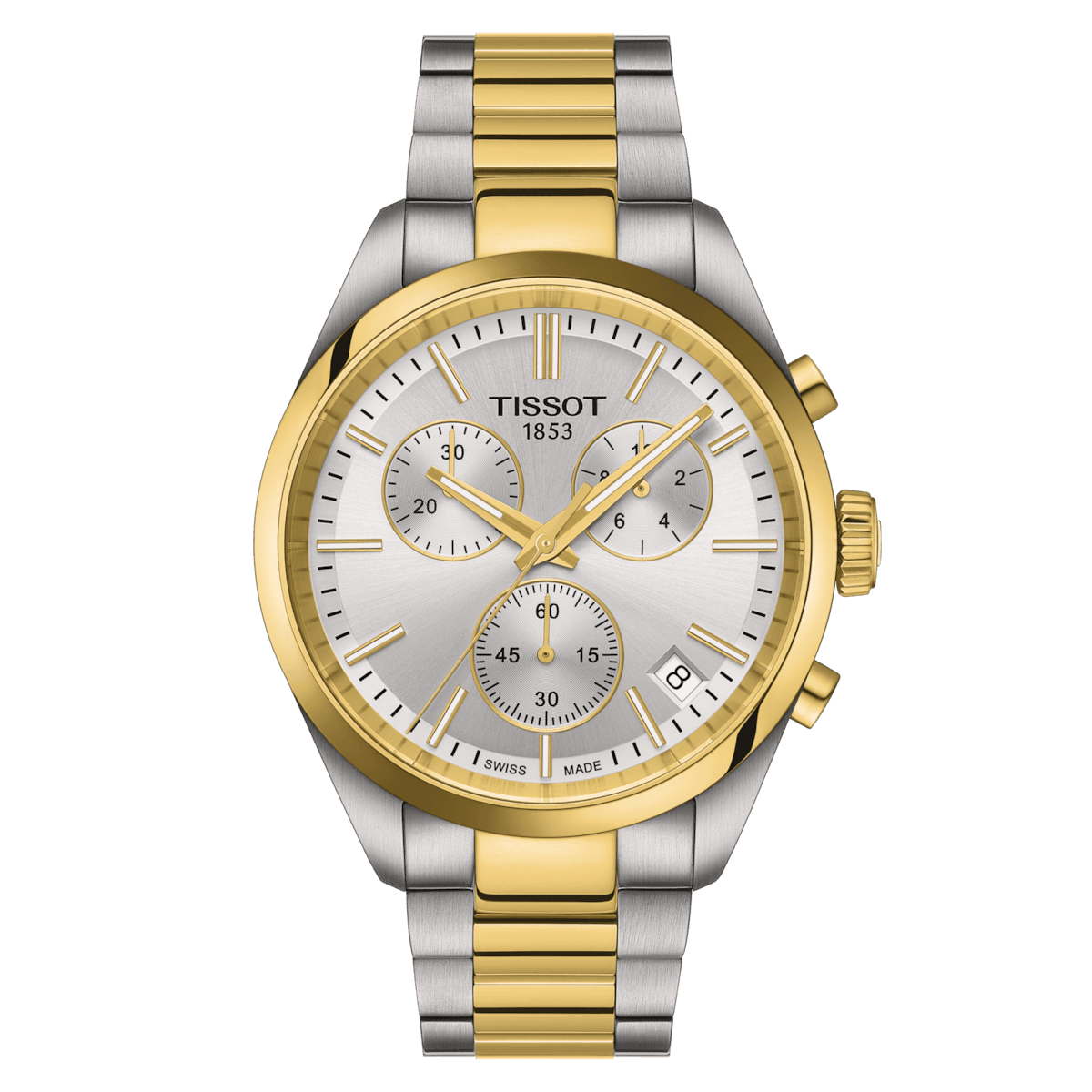Tissot PR 100 chronograaf PVD met zilveren wijzerplaat, tweekleurige stalen armband, model T1504172203100