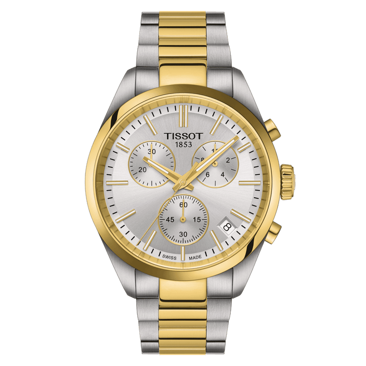 Tissot PR 100 chronograaf PVD met zilveren wijzerplaat, tweekleurige stalen armband, model T1504172203100
