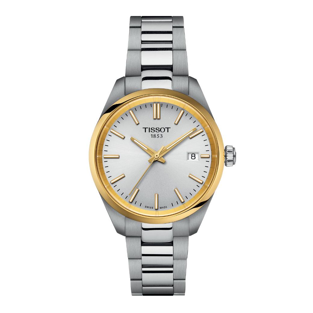 Tissot PR 100 toont een tweekleurig horloge van staal met goudkleurige lunette en zilveren wijzerplaat, model T1502102103100.
