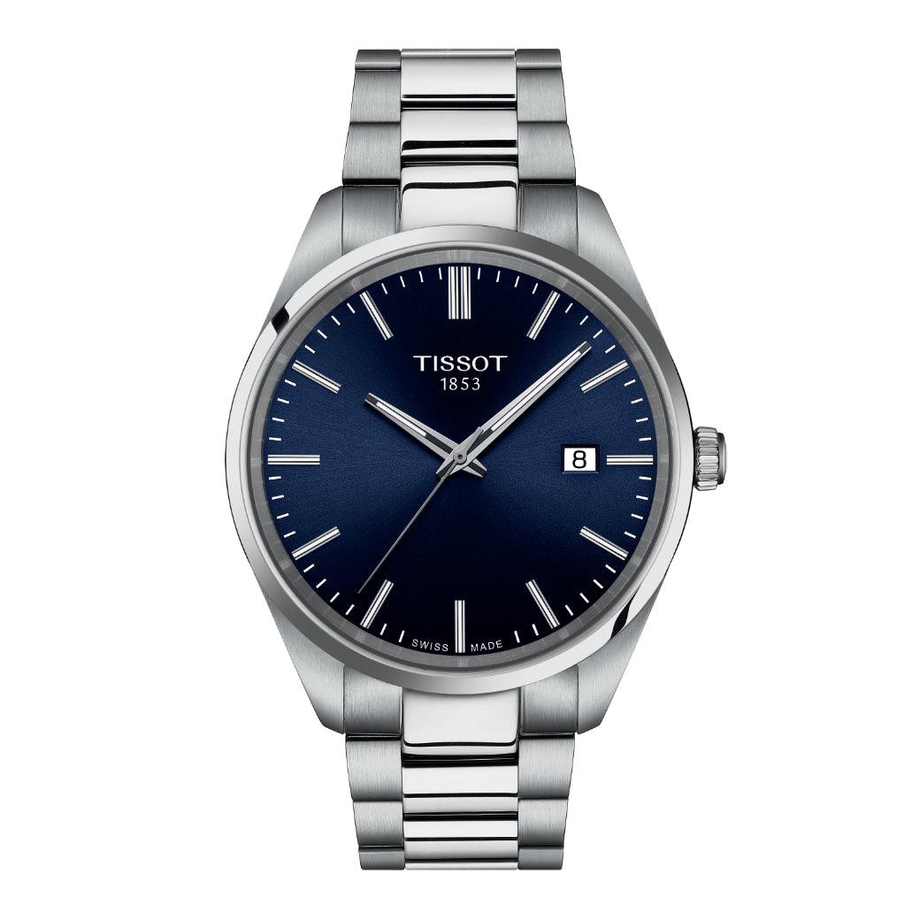 Tissot PR 100 T1504101104100 toont een elegant herenhorloge met blauwe wijzerplaat en stalen band. ModelT1504101104100