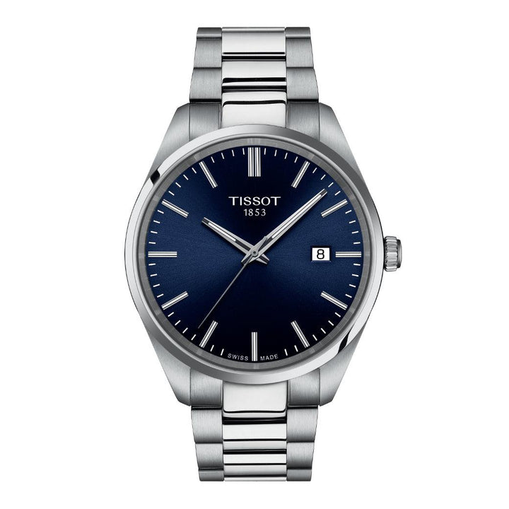 Tissot PR 100 T1504101104100 toont een elegant herenhorloge met blauwe wijzerplaat en stalen band. ModelT1504101104100