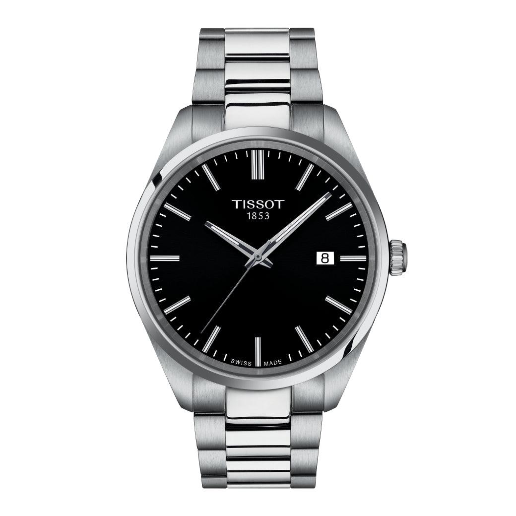 Tissot PR 100 T1504101105100 herenhorloge met zwarte wijzerplaat, stalen ketting en datum. ModelT1504101105100.