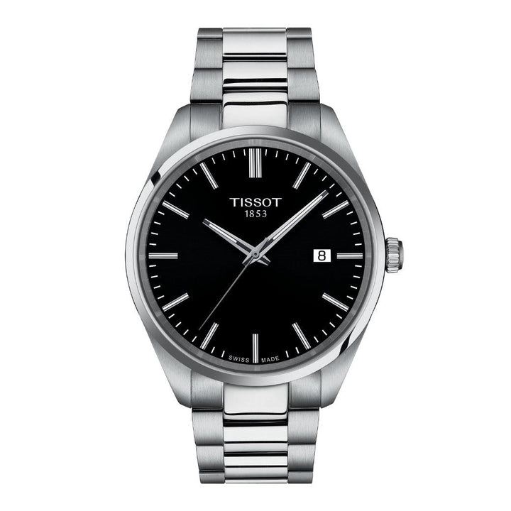 Tissot PR 100 T1504101105100 herenhorloge met zwarte wijzerplaat, stalen ketting en datum. ModelT1504101105100.