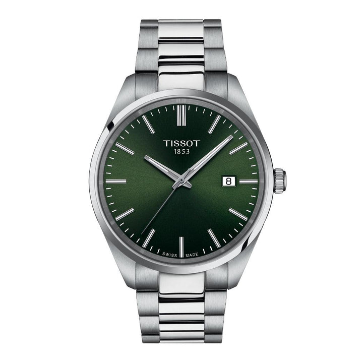 Tissot PR 100 met groene wijzerplaat en zilverkleurige stalen ketting elegant herenhorloge. ModelT1504101109100