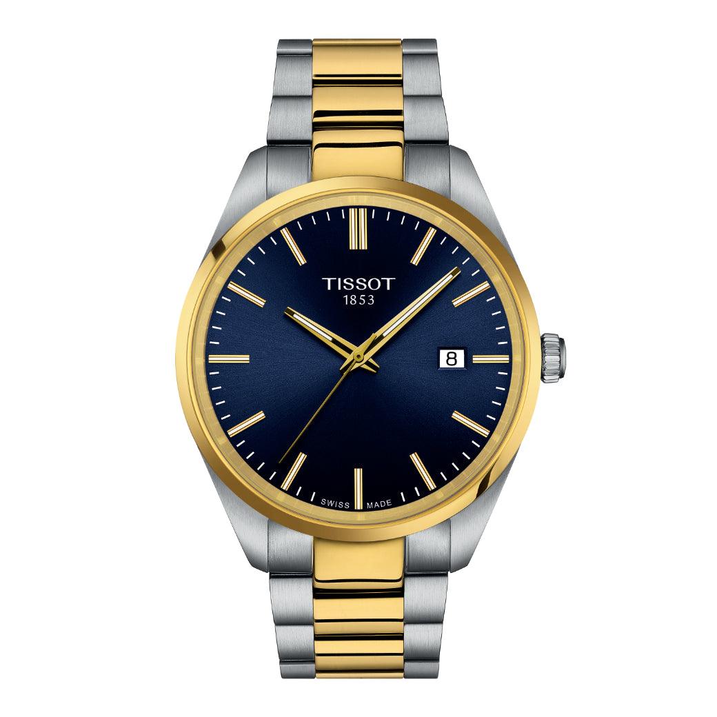 Tissot PR 100 t1504102204100 toont een horloge met een blauwe wijzerplaat en tweekleurige stalen en gouden details. Modelt1504102204100.