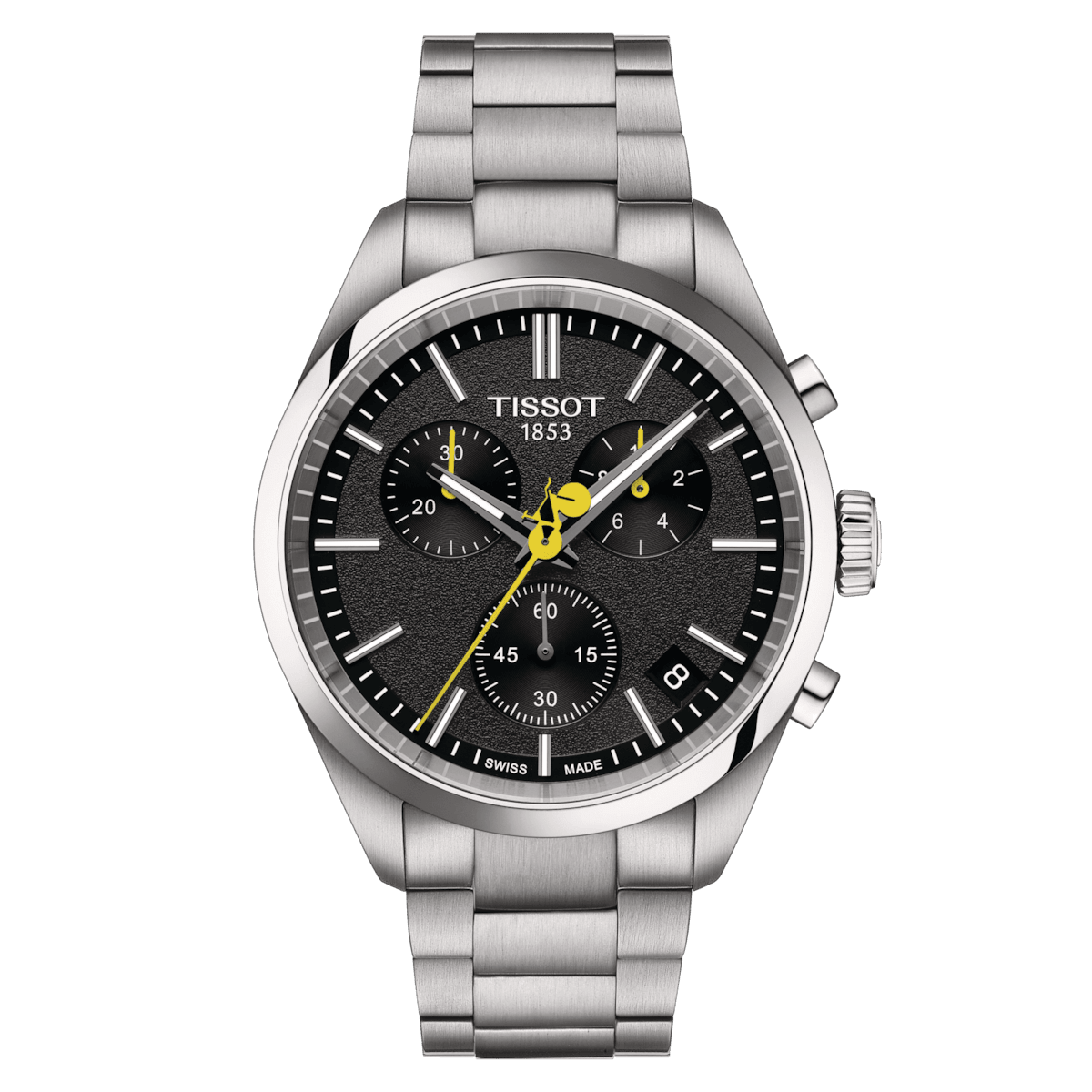 Tissot PR100 Tour de France T1504171105100, chronograaf met zwarte wijzerplaat, stalen band en gele details. ModelT1504171105100