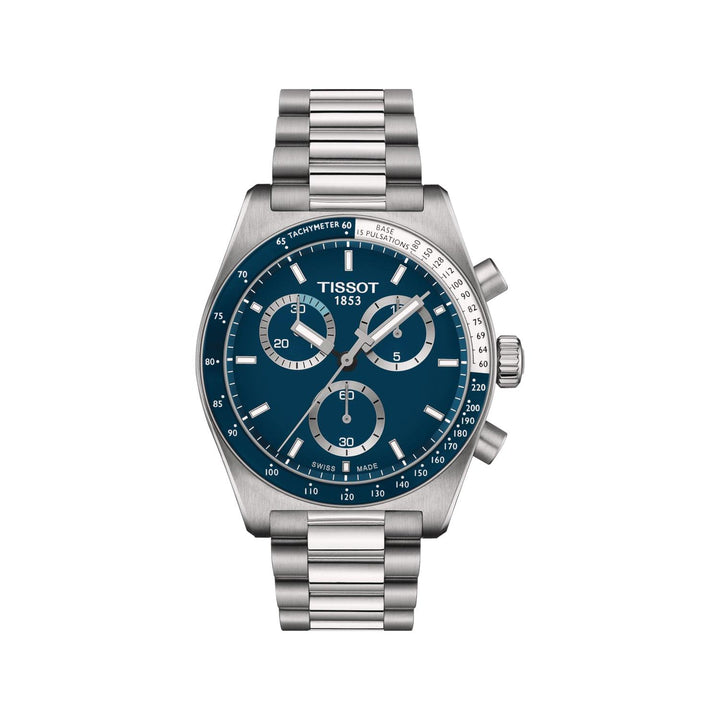 Tissot PR516 Chronograaf met blauwe wijzerplaat en stalen ketting, sportief design. ModelT1494171104100.