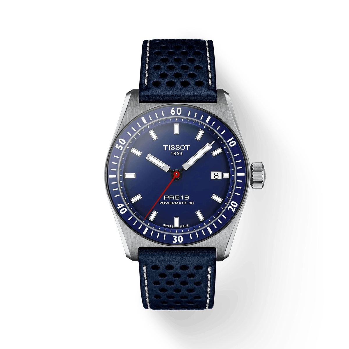 Tissot PR516 Powermatic 80 met blauwe wijzerplaat en blauw geperforeerde lederen band. ModelT1494071604100.