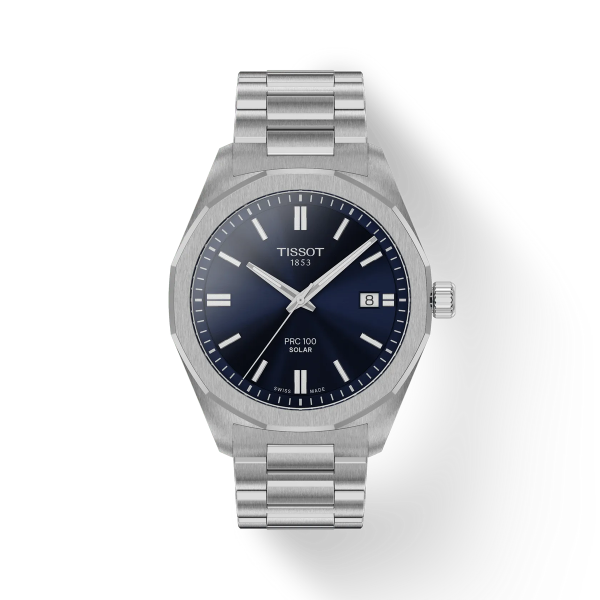 Tissot PRC 100 Solar Quartz 39MM met blauwe wijzerplaat en stalen ketting, model T1514221104100.