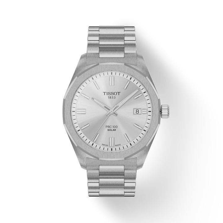 Tissot PRC 100 Solar Quartz 39 mm toont zilveren wijzerplaat en stalen ketting. ModelT1514221103100.