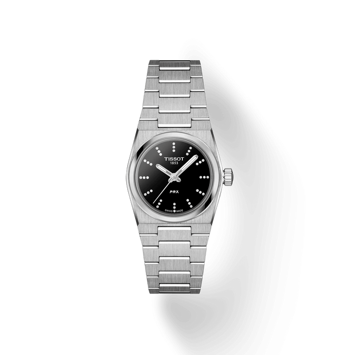 Tissot PRX 25 mm zwarte wijzerplaat met diamanten, stalen horloge en band. ModelT1370101105600
