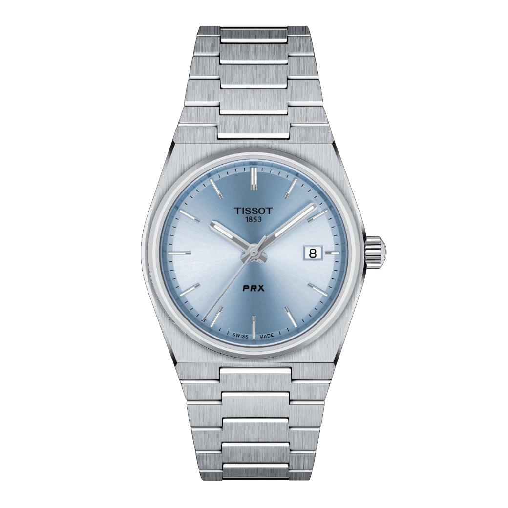 Tissot PRX 35 mm wijzerplaat lichtblauw herenhorloge met roestvrijstalen ketting en datumweergave. ModelT1372101135100.