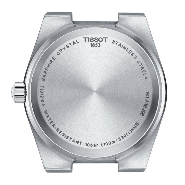 Tissot PRX 35 mm wijzerplaat lichtblauw, achterkant van geborsteld staal met gravure. ModelT1372101135100.