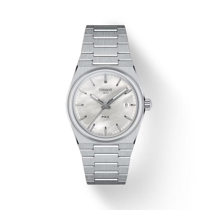 Tissot PRX 35 mm wijzerplaat met wit parelmoer op stalen schakel, elegante omslagafbeelding. ModelT1372101111100
