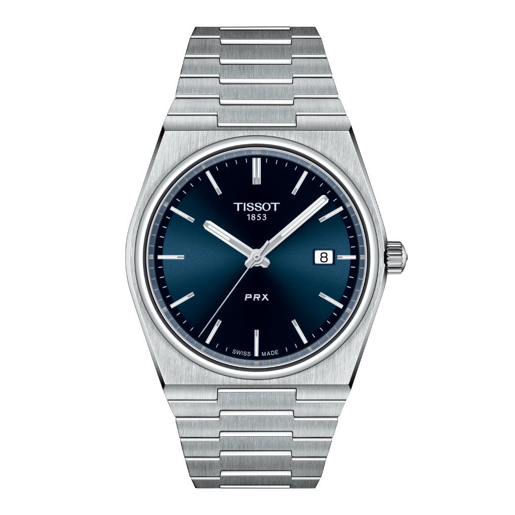 Tissot PRX 40mm met blauwe wijzerplaat en stalen ketting klassiek herenhorloge met datum. ModelT1374101104100.