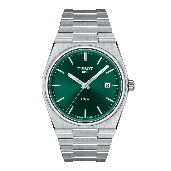 Tissot PRX 40 mm met groene wijzerplaat, stalen band en datum, modern en elegant herenhorloge. ModelT1374101109100.