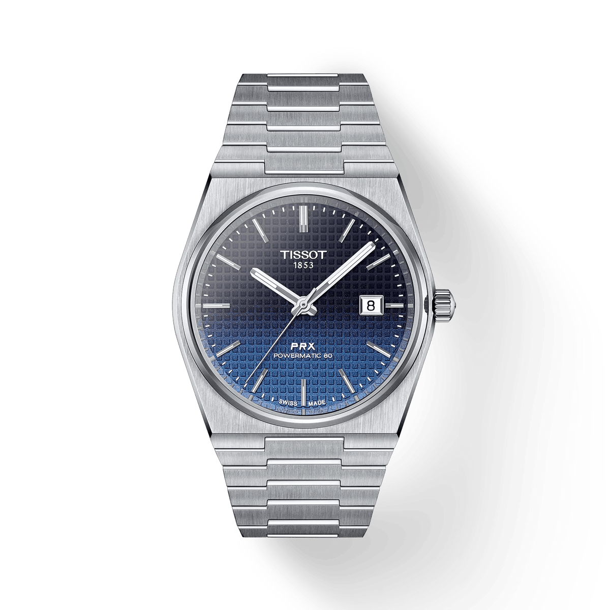 Tissot PRX Powermatic 80 40 mm heeft een blauwe wijzerplaat, stalen band en datumweergave. ModelT1374071105101