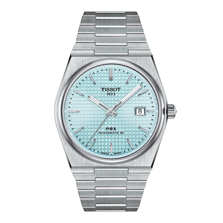 Tissot PRX Powermatic 80 Ice Blue horloge met stalen band, ijsblauwe wijzerplaat en datum. ModelT1374071135100.