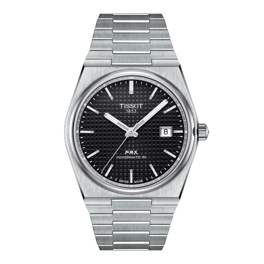 Tissot PRX Powermatic 80 met zwarte wijzerplaat en stalen ketting, model T1374071105100, vanaf de voorkant getoond.