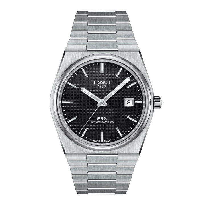 Tissot PRX Powermatic 80 met zwarte wijzerplaat en stalen ketting, model T1374071105100, vanaf de voorkant getoond.
