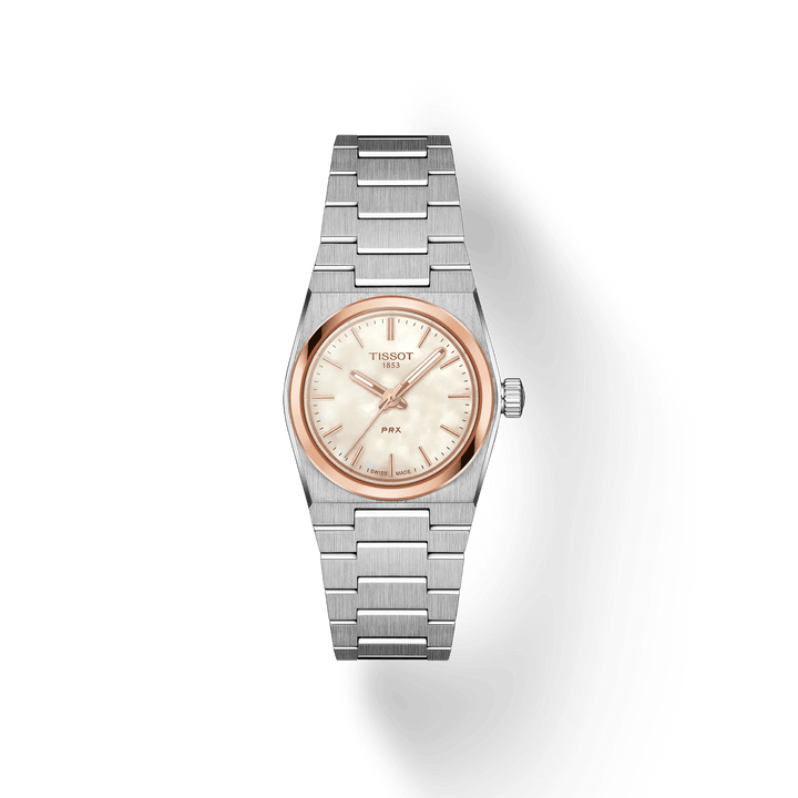 Tissot PRX Roségoud 25 mm toont een elegant dameshorloge van staal met roségouden lunette, model T1370102111100.