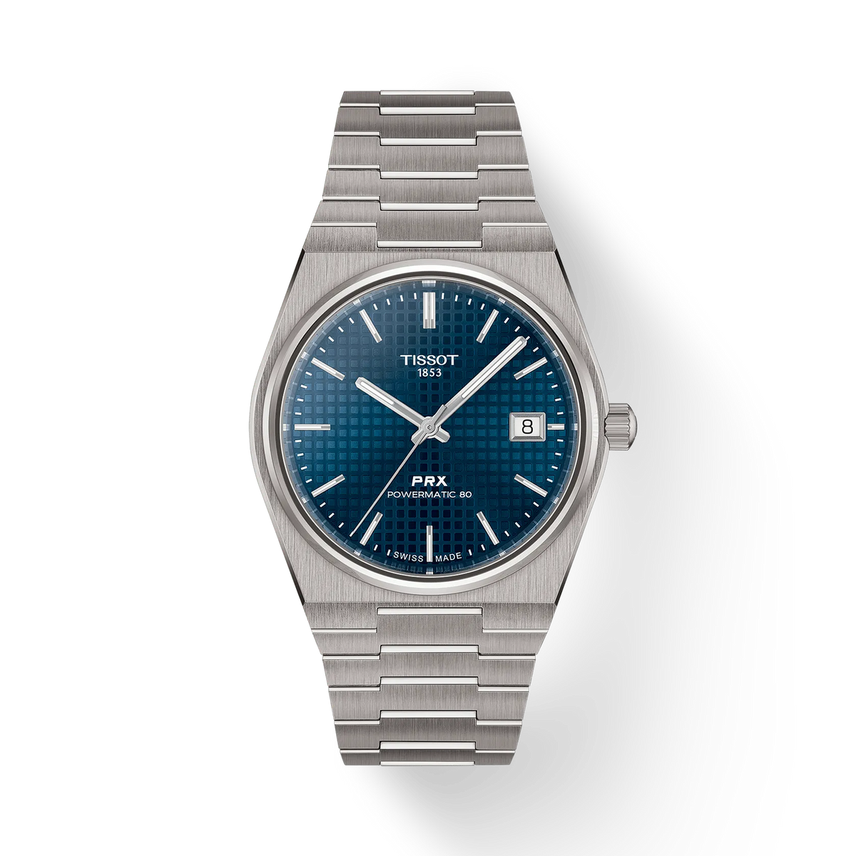 Tissot PRX Titanium 38 mm Powermatic met blauwe wijzerplaat, geïntegreerde stalen schakel. ModelT1378074404100