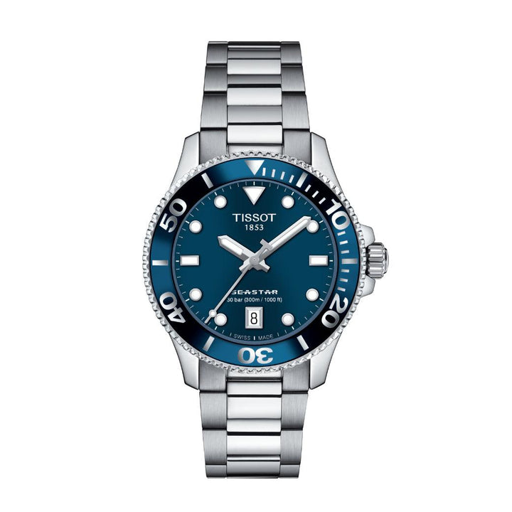 Tissot Seastar 1000 36 mm horloge met blauwe wijzerplaat, stalen schakel en datum, model T1202101104100