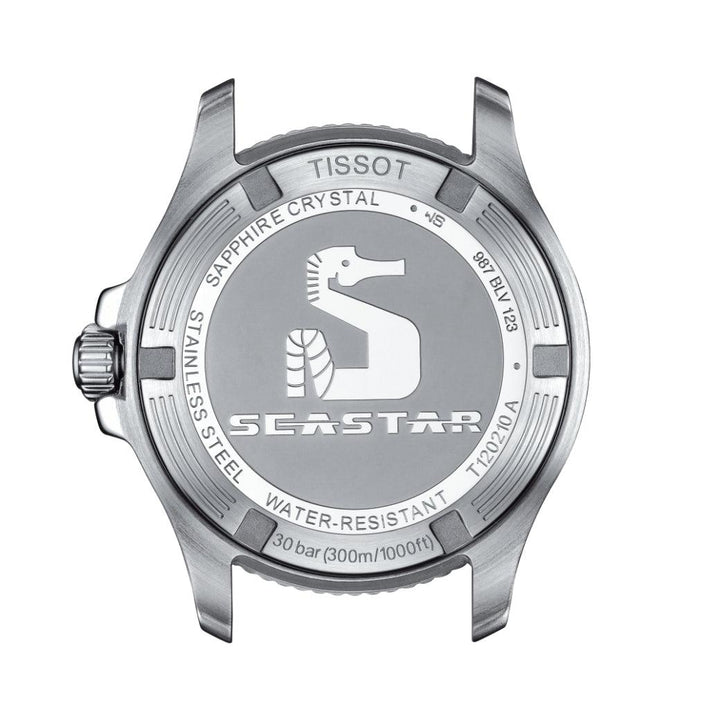 Tissot Seastar 1000 36 mm toont de stalen achterkant met zeepaardlogo en details. ModelT1202101104100