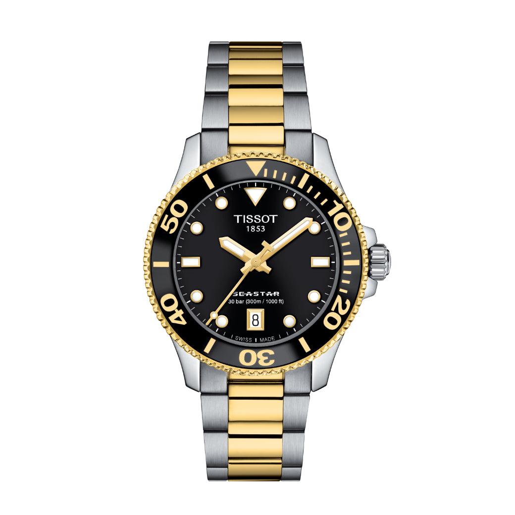 Tissot Seastar 1000 36 mm met zwarte wijzerplaat, goudkleurige details en tweekleurige ketting. ModelT1202102205100