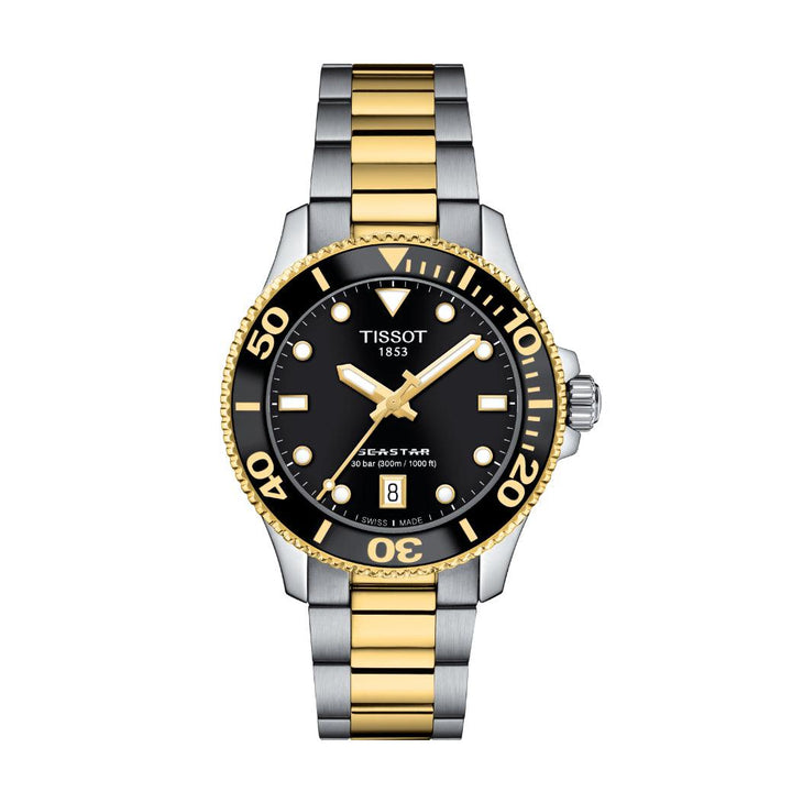 Tissot Seastar 1000 36 mm met zwarte wijzerplaat, goudkleurige details en tweekleurige ketting. ModelT1202102205100