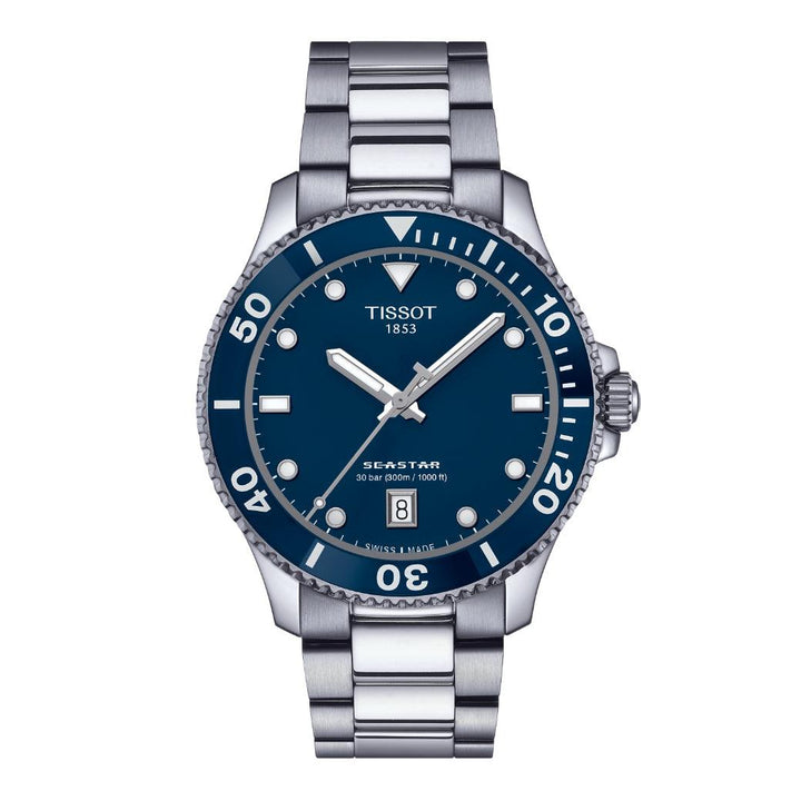 Tissot Seastar 1000 40 mm toont wijzerplaat in blauw met stalen schakel en datum, model T1204101104100.