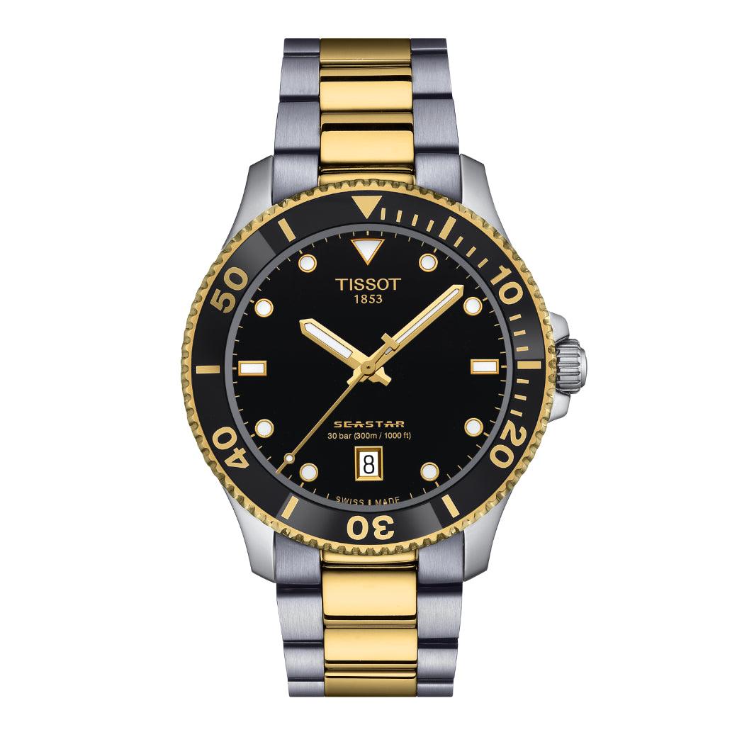 Tissot Seastar 1000 40 mm horloge met zwarte wijzerplaat, datum en tweekleurige staal/gouden ketting. ModelT1204102205100.