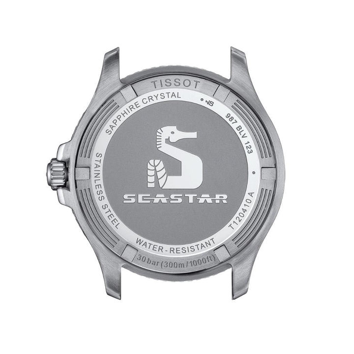 Tissot Seastar 1000 40 mm horlogebodem van roestvrij staal met zeepaardjemotief en gegraveerde tekst, model T1204102205100