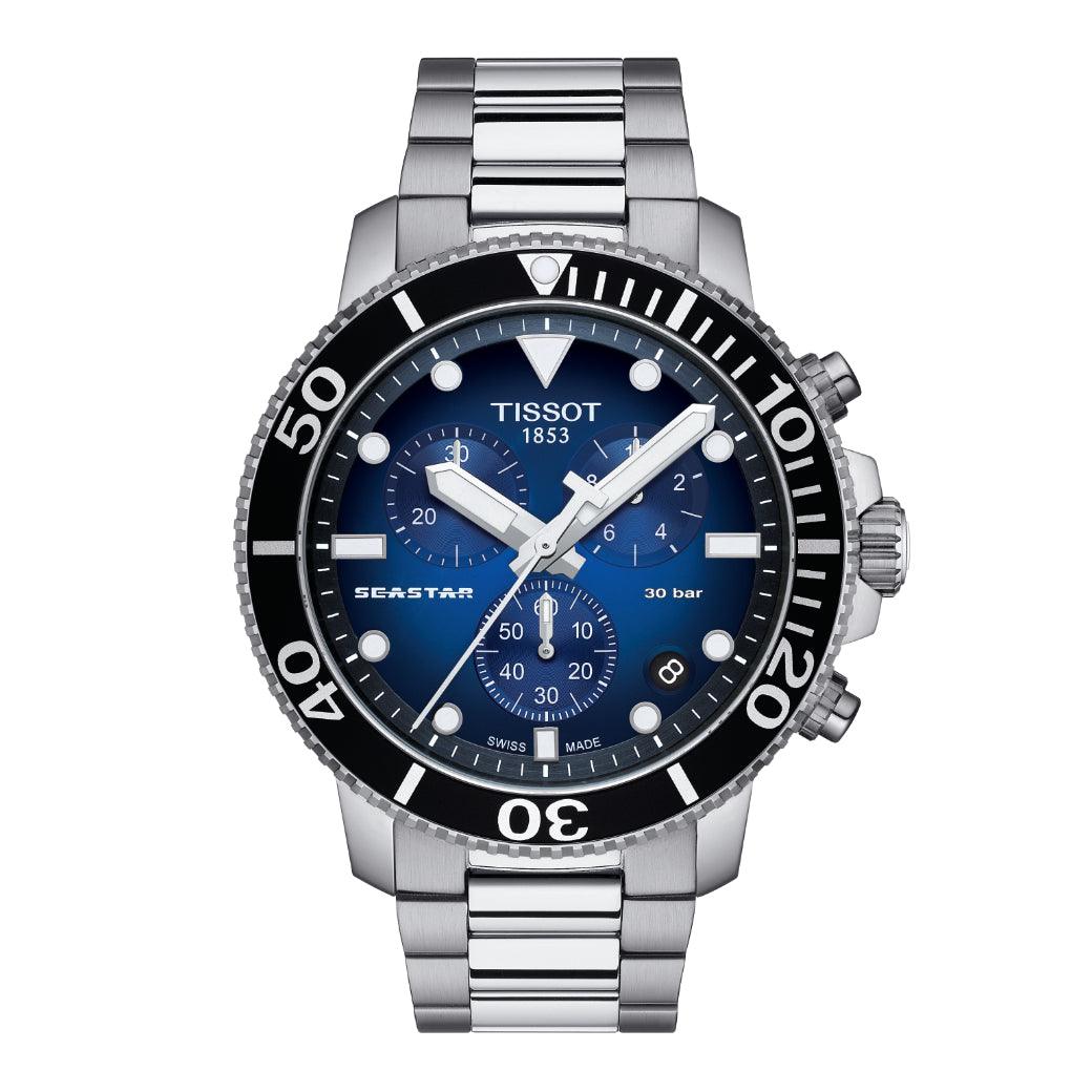 Tissot Seastar 1000 Chronograaf met blauwe wijzerplaat, stalen ketting en zwarte kroon. ModelT1204171104101