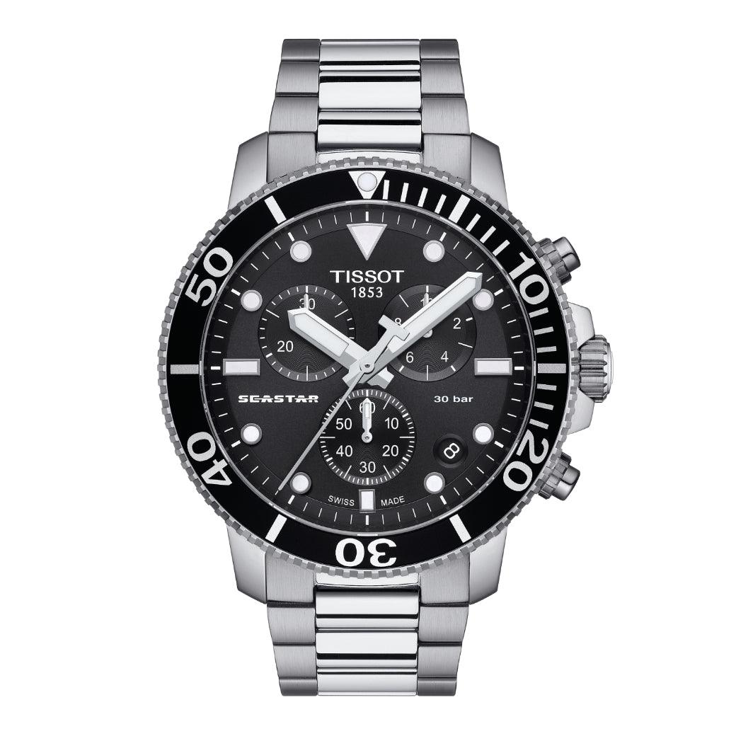Tissot Seastar 1000 Chronograph toont een stalen polshorloge met zwarte wijzerplaat, duidelijke chronograafdetails, model T1204171105100.