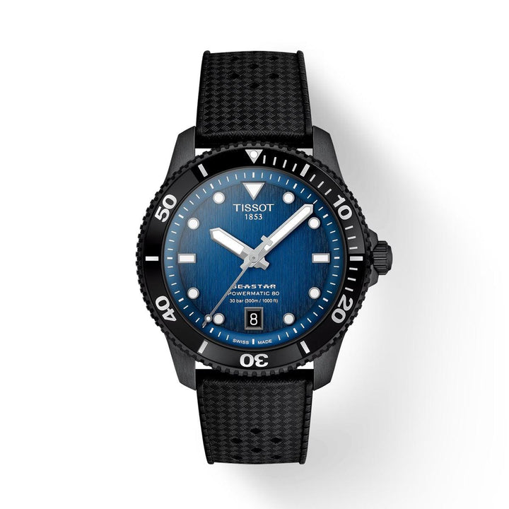 Tissot Seastar 1000 Powermatic 80 40 mm met zwarte rubberen band en blauwe wijzerplaat, model T1208073704100