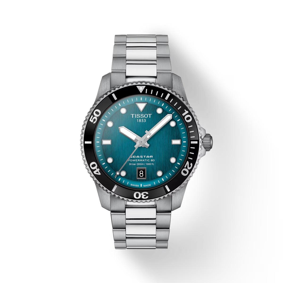 Tissot Seastar 1000 Powermatic 80 met turquoise wijzerplaat, stalen band en zwarte duikring. ModelT1208071109100