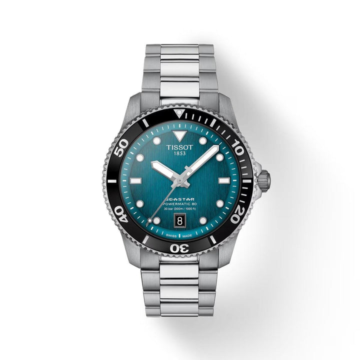 Tissot Seastar 1000 Powermatic 80 met turquoise wijzerplaat, stalen band en zwarte duikring. ModelT1208071109100