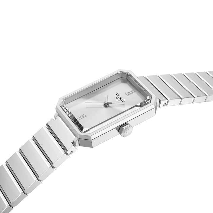 Tissot SRV 30 mm stalen ketting, zilveren wijzerplaat met close-up van de elegante vierkante kast en armband. ModelT1601101103300