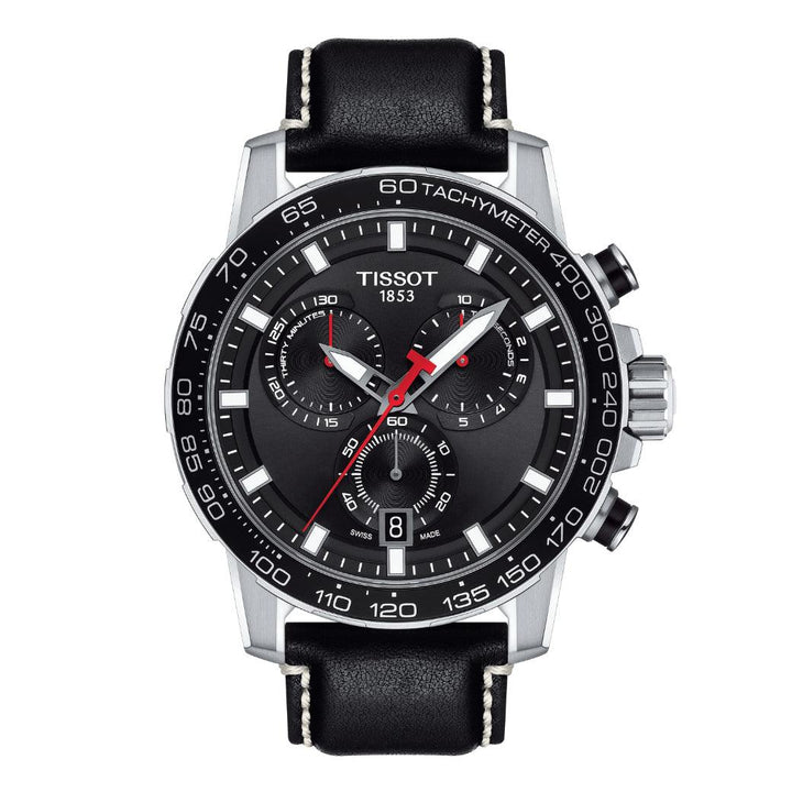 Tissot Supersport Chrono met zwarte wijzerplaat, chronograafdetails en zwart lederen band. ModelT1256171605100