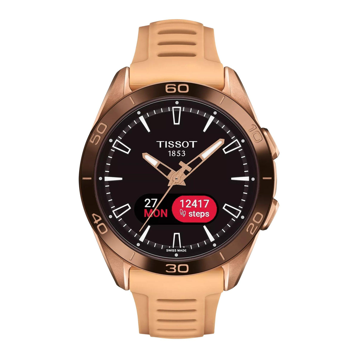 Tissot T-Touch Connect Sport Rose Gold PVD smartwatch met rubberen band en zwarte wijzerplaat, model T1534204705105.