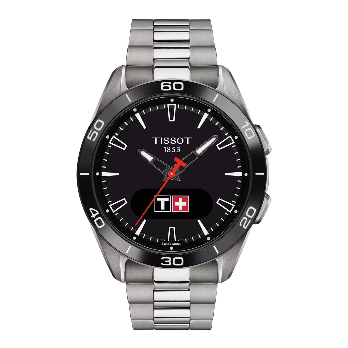Tissot T-Touch Connect Sport Titanium met zwarte wijzerplaat en zilverkleurige titanium band. ModelT1534204405100.