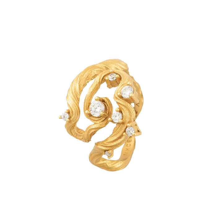 Vincent Aurum Roots Ring verguld met witte kristallen, gebogen bladmotief en stenen, Model VJ251-URG-001