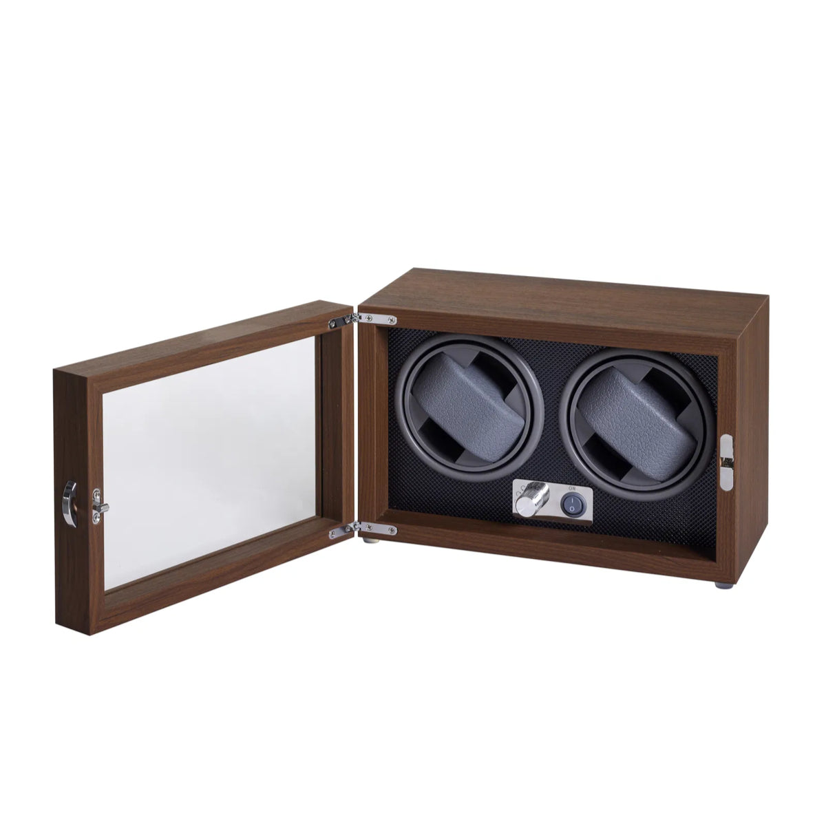 Watch Winder voor 2 horloges horlogebox0008 met open voordeur, toont twee zwarte horlogehouders in houten kist. Model horlogedoos0008
