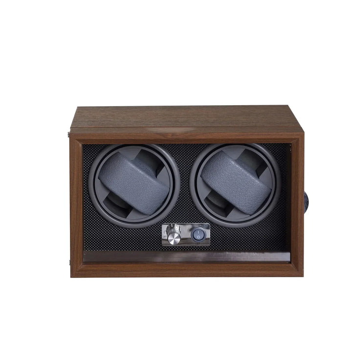 Watchwinder voor 2 horloges met houten frame en zwarte details, elegante voorkant met bedieningspaneel. Model horlogedoos0008-2