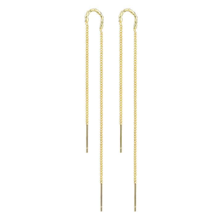 Wioga Alexia Oorbellen in verguld zilver met dunne, lange kettingen op een witte achtergrond. Model E-8409-GP-1
