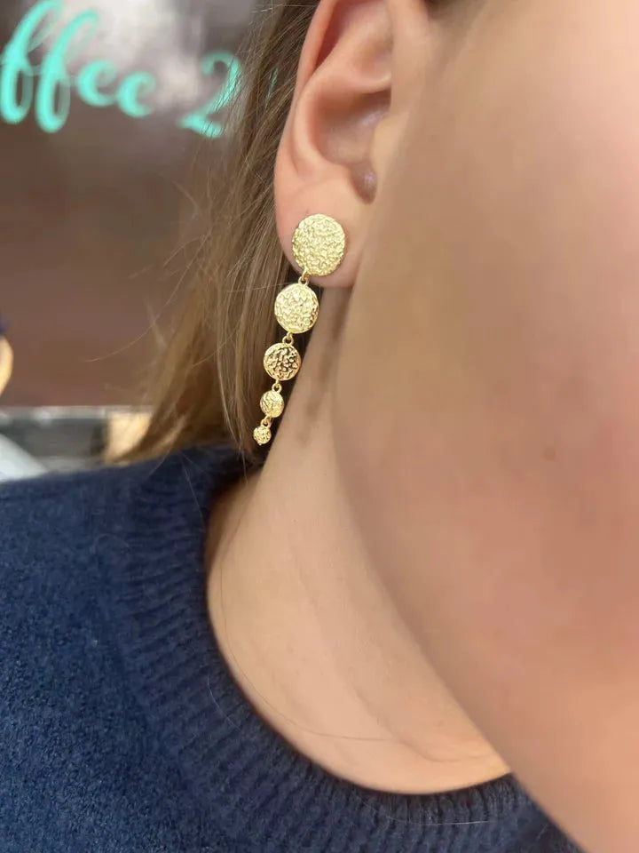 wioga-milena-oorbellen-in-verguld-solv-e-8901-gp toont versleten, glanzende gouden oorbellen met ronde textuur. Model e-8901-gp