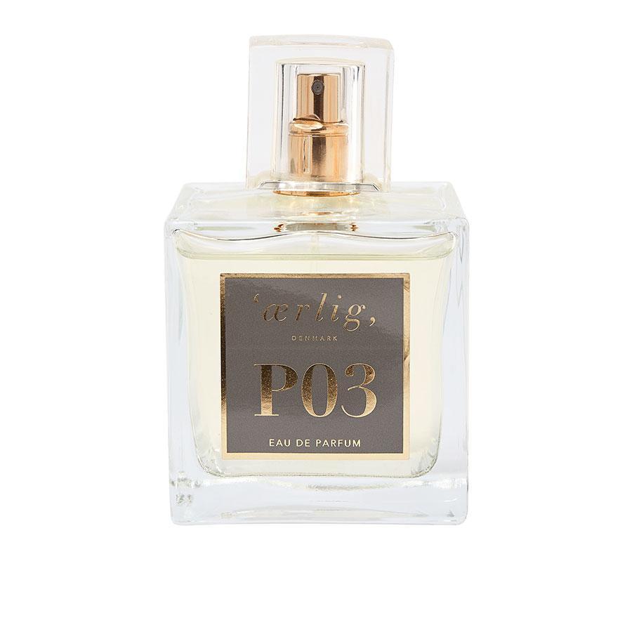 ærlig, P03 eau de parfum in heldere, vierkante fles met gouden etiket en spraydop. Model p03-100ml-p3-1.