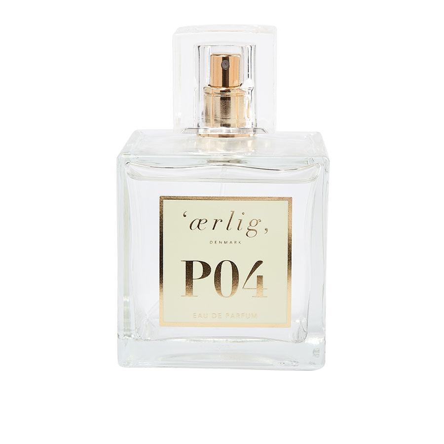 eerlijke eau de parfum P04 100ml toont een elegante, vierkante glazen fles met een gouden etiket. Model P04-100ml-p04-1