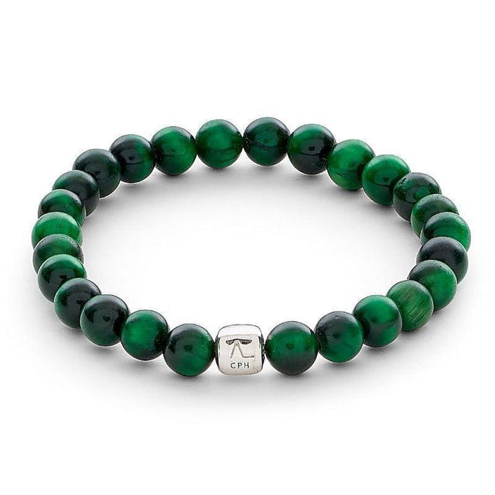 Alexander Lynggaard Armband Groen Tijgeroog 6mm toont een elastische armband met groene tijgeroogkralen en een zilverkleurig detail. Modelc00353-001-1